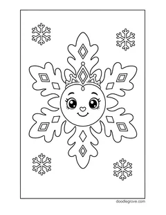 A snowflake with a smiling face and a little tiara, with small snowflakes in the corners