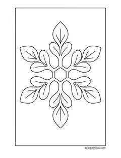 A snowflake with six leaf-shaped arms and a hexagon in the center