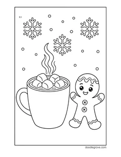 A mug of hot cocoa with marshmallows next to a smiling gingerbread man, with snowflakes falling