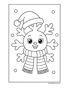 A smiling snowflake wearing a Santa hat and a striped scarf, with snow dots