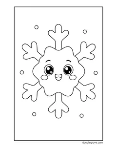 A chubby snowflake with big eyes, rosy cheeks and a smile, with round snow dots