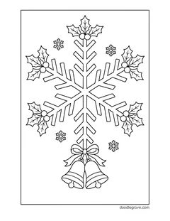 A tall snowflake with holly leaves and berries on its arms and two jingle bells with a bow at the bottom