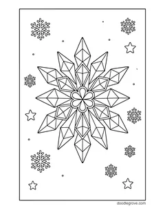 A crystal snowflake made of sharp faceted points around a flower center, with small snowflakes and stars
