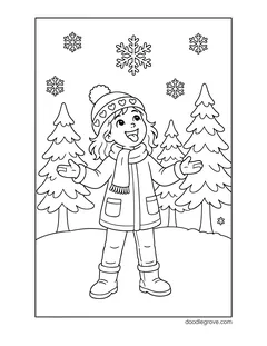 A smiling girl in a knit hat, a scarf and a winter coat standing among pine trees, with snowflakes falling