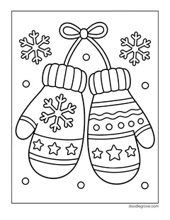 A pair of mittens hanging from a ribbon with a bow, decorated with a snowflake, stripes and stars