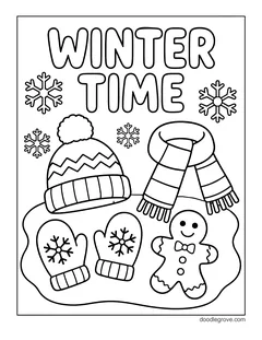 The words Winter Time above a knit hat, a striped scarf, two mittens and a gingerbread man on a patch of snow, with snowflakes