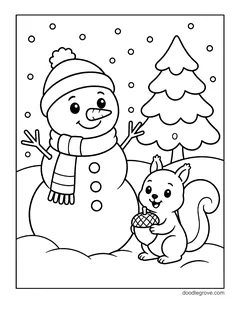 A snowman in a knit hat and scarf next to a squirrel holding an acorn, with a pine tree and falling snow