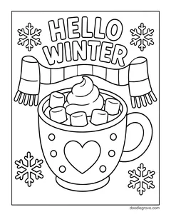 The words Hello Winter and a scarf above a mug of hot cocoa with marshmallows, whipped cream and a heart, with snowflakes