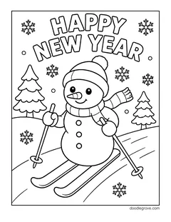 The words Happy New Year above a snowman in a knit hat skiing down a hill, with pine trees and snowflakes