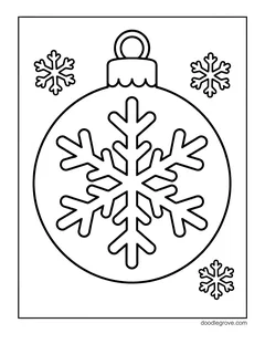 A round Christmas ornament with a big snowflake on it, with snowflakes around it
