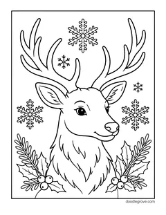 A deer with tall antlers among snowflakes, with holly and pine branches