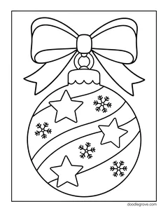 A round Christmas ornament with a big bow and a swirling band with stars and small snowflakes