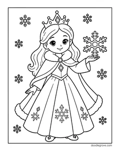 A princess in a crown and a fur-trimmed cape holding a snowflake in her hand, with snowflakes around her