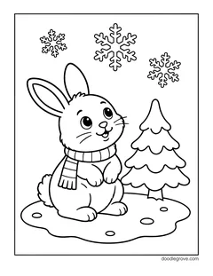 A bunny in a striped scarf sitting in the snow next to a pine tree, with snowflakes