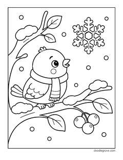 A little bird in a scarf sitting on a snowy branch with berries and leaves, with a snowflake