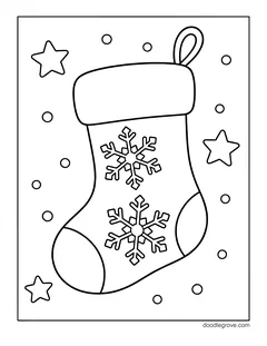 A Christmas stocking with two snowflakes on it, with stars and snow dots
