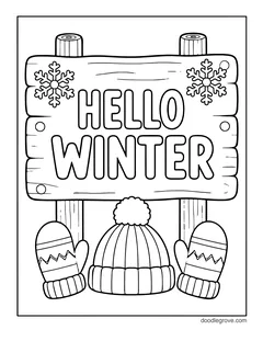 A wooden sign that says Hello Winter with snowflakes, with two mittens and a knit hat hanging below it