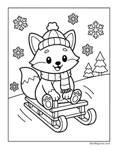 A fox in a knit hat and scarf riding a wooden sled down a snowy hill, with pine trees and snowflakes