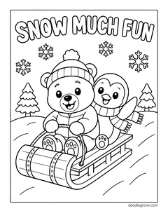 The words Snow Much Fun above a bear and a penguin in knit hats riding a sled, with pine trees and snowflakes