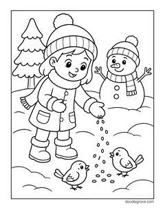 A girl in a winter coat and hat scattering seeds for two little birds, with a snowman and pine trees behind her