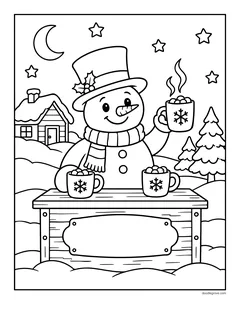 A snowman in a top hat serving mugs of hot cocoa with marshmallows at a wooden stand, with a snowy house and trees at night