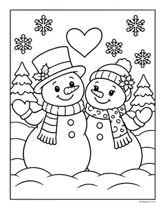 Two snowmen standing side by side, one in a top hat and one in a flowered hat, under a heart and snowflakes