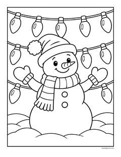 A snowman in a Santa hat under strings of Christmas lights