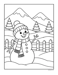 A snowman in a knitted hat standing by a wooden fence, with snowy hills, mountains and pine trees