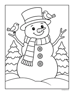 A snowman in a top hat with birds on its hat and arm, between snowy pine trees