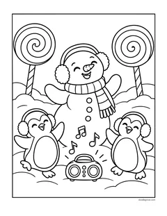 A snowman in earmuffs dancing with two penguins around a radio, with lollipops and music notes