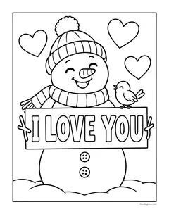 A snowman holding an I Love You sign, with a little bird and hearts