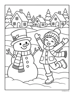 A girl in a winter coat jumping for joy next to a snowman, with a snowy village behind