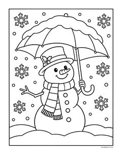 A snowman in a top hat holding an umbrella covered in snow while snowflakes fall