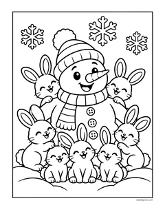 A snowman surrounded by eight smiling bunnies, with snowflakes above