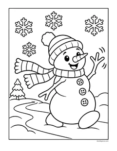 A snowman with its scarf blowing in the wind, kicking up snow on a path with a pine tree