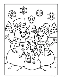 A snowman dad in a top hat, a snowman mom in a knitted hat and a little snowman child, with trees and snowflakes
