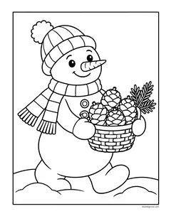 A snowman carrying a basket of pinecones and pine branches