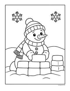 A snowman stacking snow blocks to build a snow fort