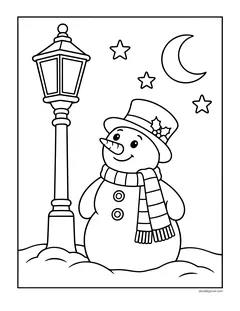 A snowman in a top hat standing next to an old street lamp at night, with the moon and stars