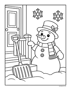 A snowman with a snow shovel on the steps by a front door