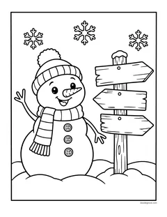 A snowman waving next to a wooden signpost with three blank arrow signs