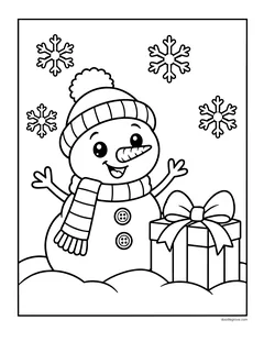 A snowman in a knitted hat waving next to a wrapped present with a bow