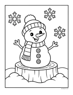 A small snowman standing on a tree stump in the snow