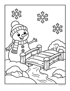 A snowman waving by a little wooden bridge over a frozen stream