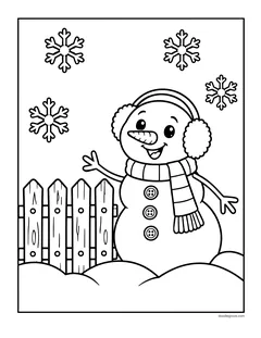 A snowman in earmuffs waving by a wooden fence while snow falls