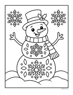 A snowman in a top hat decorated with big snowflake patterns