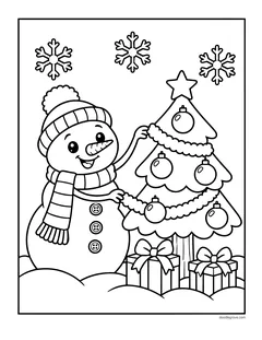 A snowman hanging a garland on a Christmas tree with ornaments and presents underneath