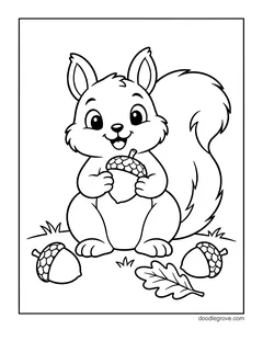 A smiling squirrel sitting and holding an acorn in both paws, with two acorns, an oak leaf and grass
