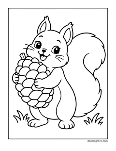 A happy squirrel standing and hugging a pine cone almost as big as itself, with grass