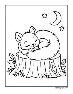 A squirrel curled up asleep on a tree stump with its tail wrapped around it, under a crescent moon and two stars